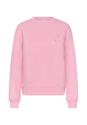 Pink long-sleeve sweatshirt with ribbed cuffs and hem, featuring a small embroidered cherry design on the upper left chest.