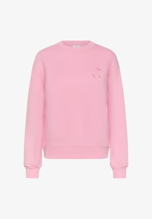 Pink long-sleeve sweatshirt with ribbed cuffs and hem, featuring a small embroidered cherry design on the upper left chest.
