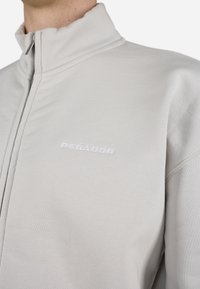 Giacca zip-up grigia chiara realizzata in materiale morbido, con colletto alto, cuciture a vista e un piccolo logo bianco sul petto.
