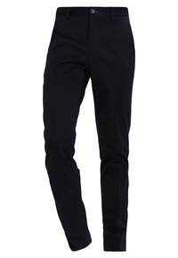 Tmavě námořnické kalhoty s úzkým střihem, s knoflíkovým zapínáním, jemnou strukturou a elegantními liniemi. Ideální pro volnočasové nebo formální nošení.