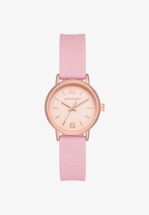 Ronde roségouden horloge met roze siliconen band, minimalistische wijzerplaat met de cijfers 12 en 6 en drie wijzers die naar 10:10:35 wijzen.