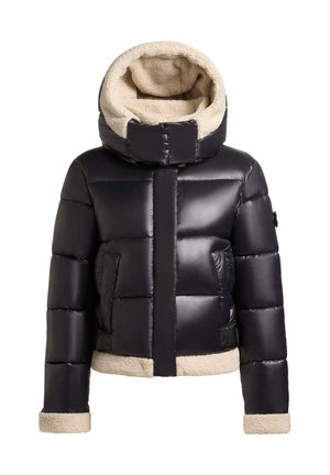 Doudoune noire avec doublure en polaire beige sur la capuche, les poignets et l'ourlet, dotée d'un col haut et de poches avant.