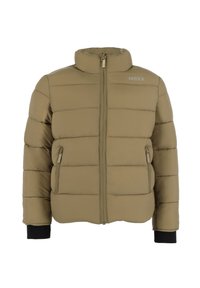 Olivgrön vadderad jacka med hög krage, dragkedja fram, två sidofickor och svarta ribbade muddar. Har horisontell sömnad.