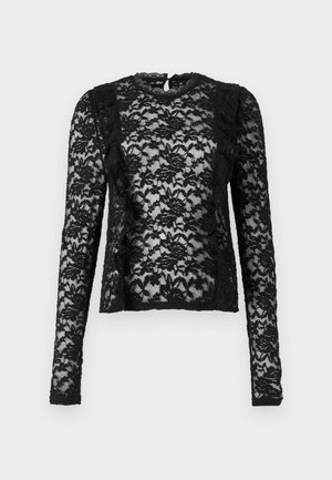 Juodas nėrinių viršus su ilgomis rankovėmis, gėlių raštu, apvaliu iškirpimu ir skylių uždarymu gale. Tekstūruotas ir pusiau permatomas dizainas.