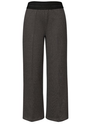 Grijze wijde broeken met een gestructureerde stof, een zwarte elastische tailleband en een losse pasvorm met zijnaden.