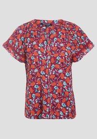 Rote Bluse mit Blumenmuster, die verschiedene orange und blaue Muster aufweist, kurze Ärmel, V-Ausschnitt und lockerem Schnitt. Leichter Stoff.