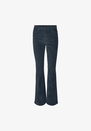 Flared corduroy pants in dark gray. Features five pockets, a zip fly, and a button closure. Ribbed texture throughout the fabric.