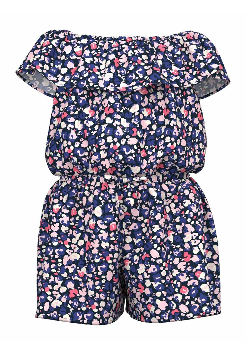 Combinaison décontractée à épaules dénudées avec un motif floral en bleu marine, rose et blanc. Ceinture élastique, manches courtes et coupe relaxée.