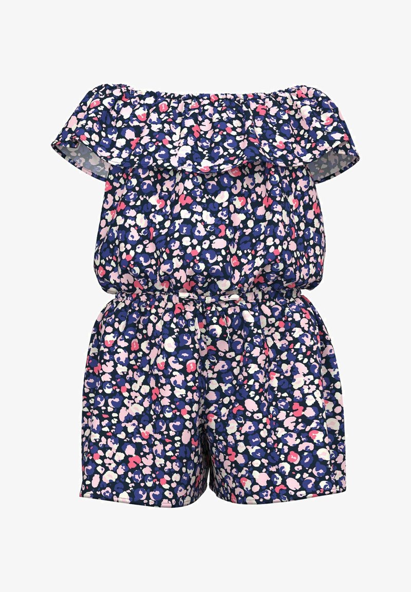 Ολόσωμο σορτσάκι με εκτός ώμου σχέδιο που διαθέτει λουλουδάτο μοτίβο σε ναυτικό μπλε, ροζ και άσπρο. Ελαστική ζώνη, κοντά μανίκια και άνετη εφαρμογή.