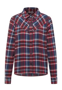 Red, navy, and white plaid button-up shirt with long sleeves, a pointed collar, and a yoke detail. Made from a soft, lightweight fabric.