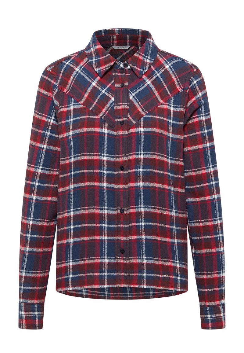 Red, navy, and white plaid button-up shirt with long sleeves, a pointed collar, and a yoke detail. Made from a soft, lightweight fabric.