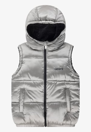 Sølvfarvet puffer vest med hætte, lavet af glat materiale, med en frontlynlås og sort indvendig foring. Inkluderer sidelommer og logo.