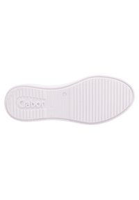 White rubber shoe sole with vertical grooves, featuring embossed branding. Rounded shape, smooth texture, and a slight arch.