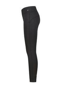 Zwarte leggings met een hoge tailleband, gemaakt van rekbare stof, met platte naden en een gladde textuur zonder patronen of versieringen.