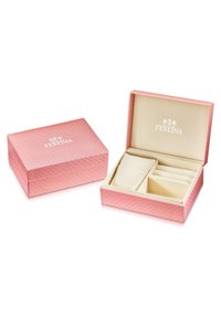 Růžová textura dárková krabice s měkkým béžovým interiérem, disponující odděleními pro úložný prostor. Logo "Festina" tištěné na víku.