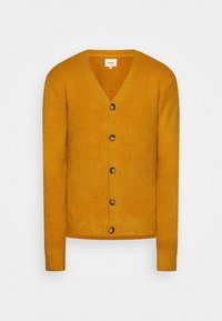 Hořčicově žlutý kardigan s výstřihem do V, zapínáním na knoflíky a žebrovanými manžetami. Vyrobený z měkkého pleteného materiálu s pěti hnědými knoflíky.