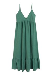 Zelené maxi šaty bez rukávů s výstřihem do V, s nařaseným pasem a volánkovým lemem. Vyrobené z lehkého materiálu s texturovaným povrchem.