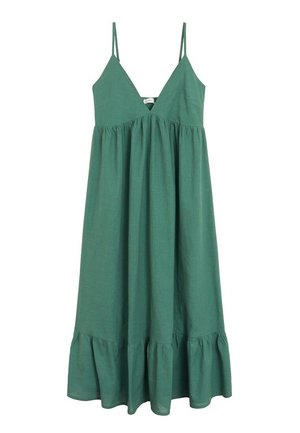 Abito maxi verde senza maniche con scollatura a V, vita arricciata e orlo a volant. Realizzato in un tessuto leggero con una finitura testurizzata.