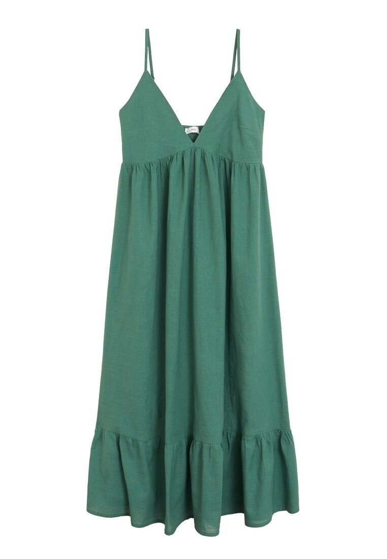 Zelené maxi šaty bez rukávů s výstřihem do V, s nařaseným pasem a volánkovým lemem. Vyrobené z lehkého materiálu s texturovaným povrchem.