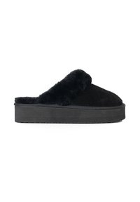 Pantofole nere da indossare senza lacci con upper peloso e suola piatta in gomma, caratterizzate da una superficie testurizzata e foderate in peluche per il massimo comfort.