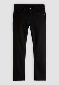 Jean slim noir avec cinq poches, fermeture à boutons et passants de ceinture, présenté à plat sur un fond gris clair.