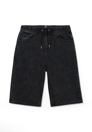 Shorts en denim noir avec taille élastique, cordon de serrage et poches avant, posés à plat sur un fond blanc.