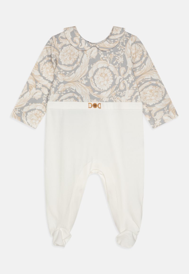 Langermet romper med en blomstrete grå topp og en hvit underdel. Inkluderer en rund krage og en logo detalj ved midjen.