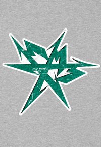 Teal graffiti-stijl grafiek met scherpe, hoekige vormen op een grijze textuur achtergrond, met verouderde details en witte omtrekken.