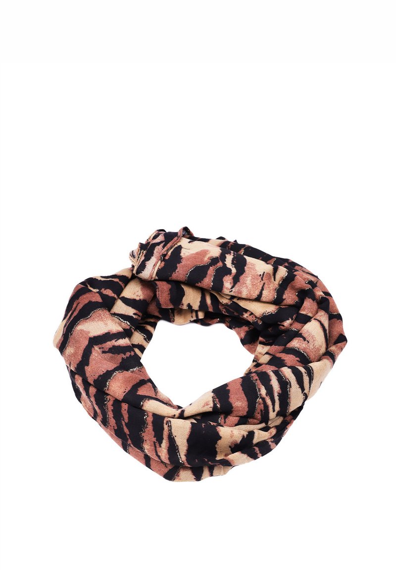 Sciarpa stampata con motivo a strisce di tigre in tonalità di marrone, beige e nero, realizzata in tessuto morbido con un design ad anello.