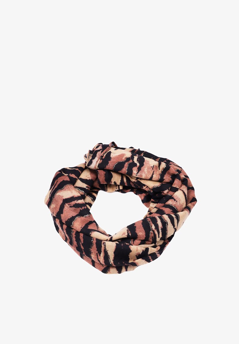 Sciarpa stampata con motivo a strisce di tigre in tonalità di marrone, beige e nero, realizzata in tessuto morbido con un design ad anello.