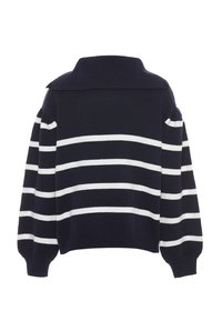 Navy pullover trui met witte horizontale strepen, brede geribbelde kraag en pofmouwen. Brei textuur met een losse pasvorm aan de onderkant.