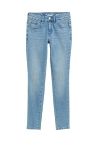 Světle modré skinny džíny s klasickým pětikapsovým designem, vyrobené z denimu. Mají zapínání na knoflík a detaily v podobě švů.