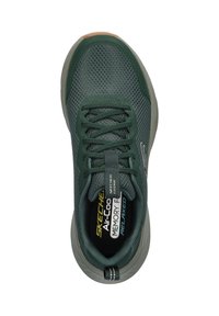 Green mesh athletic shoe with textured upper, lace-up design, cushioned insole, and soft rubber sole. Features logo and tag detailing.