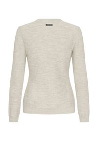 Šviesiai pilkas megztinis su ilgomis rankovėmis, apvalia iškirpte ir ribotais rankogaliais bei apačia. Audinio tekstūra yra mišri, dizainas paprastas, gale yra mažytė prekės ženklo etiketė.