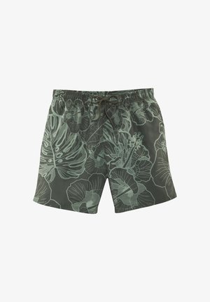 Grüne Schwimmshorts mit einem blättrigen Muster in Hellgrün. Das Design verfügt über einen elastischen Bund mit Kordelzug für eine verstellbare Passform.