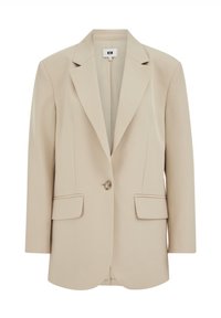 Béžové sako z hladkého materiálu, s výrezom na golieri, zapínaním na jeden gombík a dvoma prednými vreckami. Elegantný strih s čistými líniami.