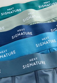 Čtyři kusy pánského spodního prádla se strečovým pasem, se značkou "NEXT SIGNATURE". Barvy zahrnují tyrkysovou, světle zelenou, tmavě modrou a námořnickou modrou.