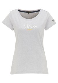 Gray short-sleeve T-shirt with a scoop neckline. Features "Moin" in white script and a small yellow accent. Soft cotton blend material.