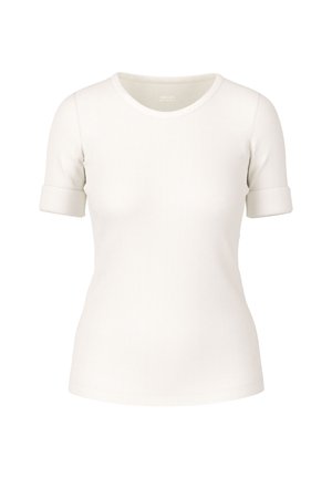 White ribbed t-shirt with short sleeves that have cuffed hems. Features a round neckline and a smooth texture.
