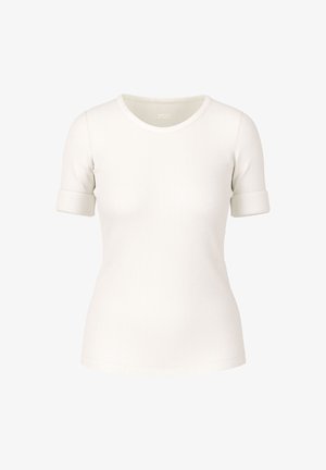White ribbed t-shirt with short sleeves that have cuffed hems. Features a round neckline and a smooth texture.