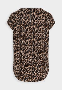 Lühikeste varrukate ja musta värvusega pluus, millel on mitmevärviline loomapildiga muster, ümmargune kaelus ja diskreetne seljaseq zipper.
