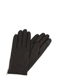Zwarte lederen handschoenen met vijf vingers, met een slank ontwerp, subtiele stiksels en een ritssluiting voor aanpassing. Touchscreen vingertop.