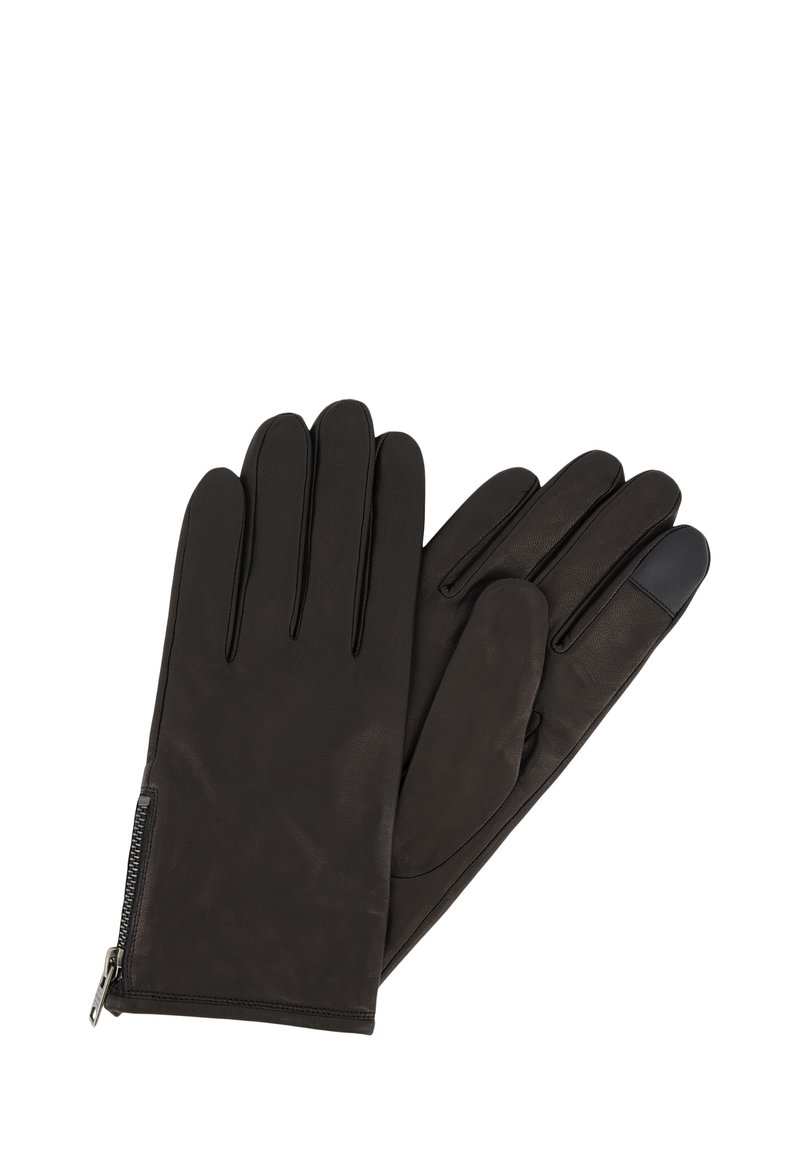 Zwarte lederen handschoenen met vijf vingers, met een slank ontwerp, subtiele stiksels en een ritssluiting voor aanpassing. Touchscreen vingertop.