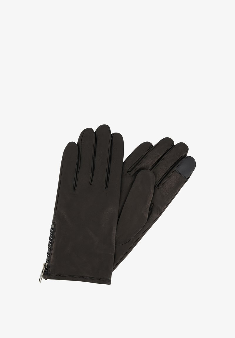 Black leather gloves with five fingers, featuring a sleek design, subtle stitching, and a zippered closure for adjustment. Touchscreen fingertip.
