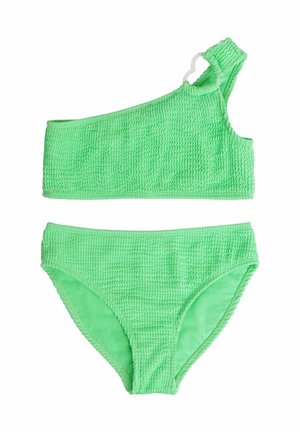 Groen gemêleerd bikini-set bestaande uit een een-schoudertop met een elastische band en bijpassende slipjes in een klassieke briefstijl.