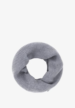 Bufanda infinita de punto gris con una textura acanalada, que presenta una forma circular y un tejido suave. Sin patrones visibles ni herrajes.
