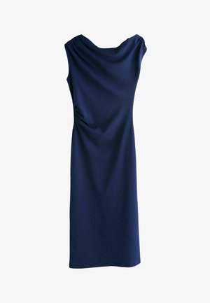 Marineblå ærmeløs midi-kjole med rynket halsudskæring og let rynkning på den ene side.