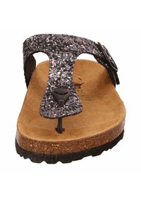 Black and pink glitter flip-flop sandal with a faux leather strap, cork footbed, and rubber outsole. Features a central toe post and adjustable buckle.