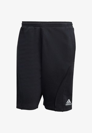 Juodos sportinės šortai, pagaminti iš lygaus audinio, su elastinga juosmens juosta, šoninėmis siūlėmis ir mažuoju baltu logotipu apatinėje dešinėje.