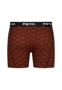 Boxeri scurți cu un model geometric roșu și negru, dotati cu o curea elastică neagră unde este înscris numele brandului "PETID." cu litere albe.